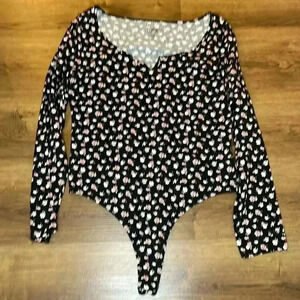 PINK Victoria's Secret Black Bodysuit with Pink Floral Design